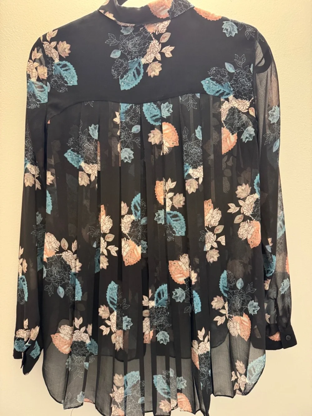Sachin + Babi Black Sheer Floral Button-Up Blouse with Peach and Teal Accents - Picture 4 of 5
